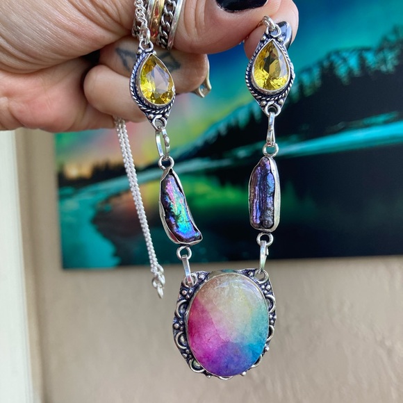 925 sterling silver overlay citrine black pearl Rainbow solar quartz necklace - Picture 8 of 15